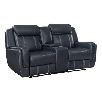 Louise 76 Inch Dual Manual Recliner Loveseat, Cupholder, Blue Faux Leather