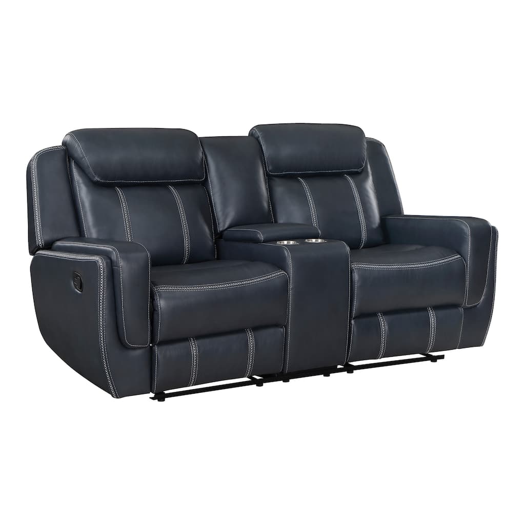 Louise 76 Inch Dual Manual Recliner Loveseat, Cupholder, Blue Faux Leather