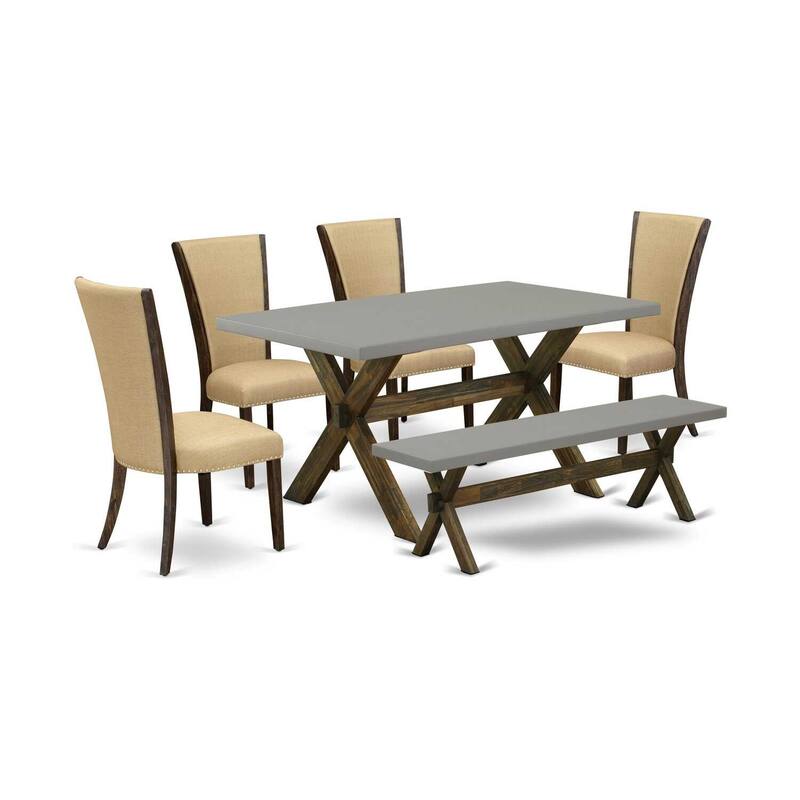 HomeStock 6-Piece Rectangle Distressed Jacobean Finish Solid Wood Top Dining Table with 1-Bench, 4-Chairs