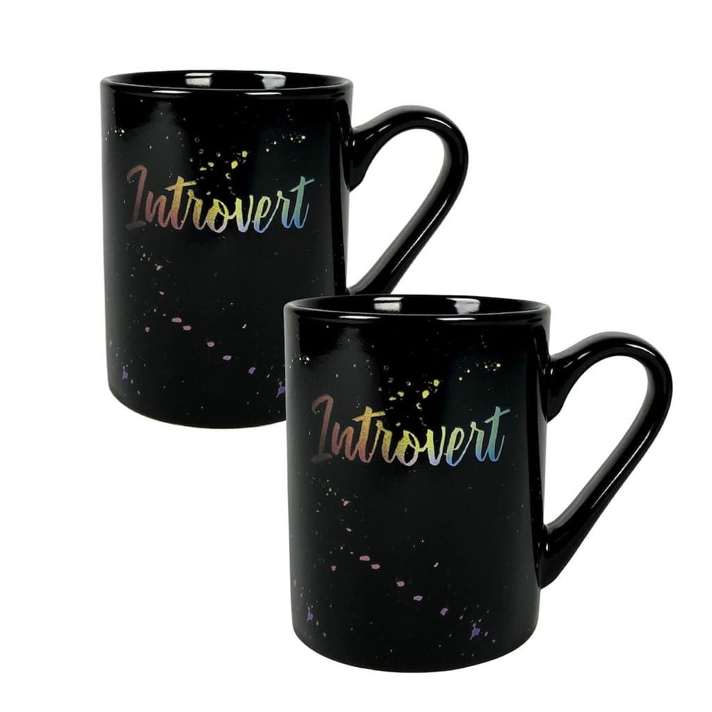 Set of 2 'Introvert' Tie Dye Splatter 14oz Ceramic Mugs, Black/Multi