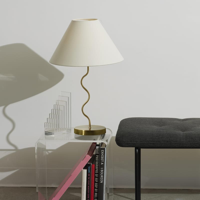 Brightech Squiggle Table 22" Antique Brass Traditional Super Bright LED Contemporary Table Lamp with Ivory Fabric Empire Shade