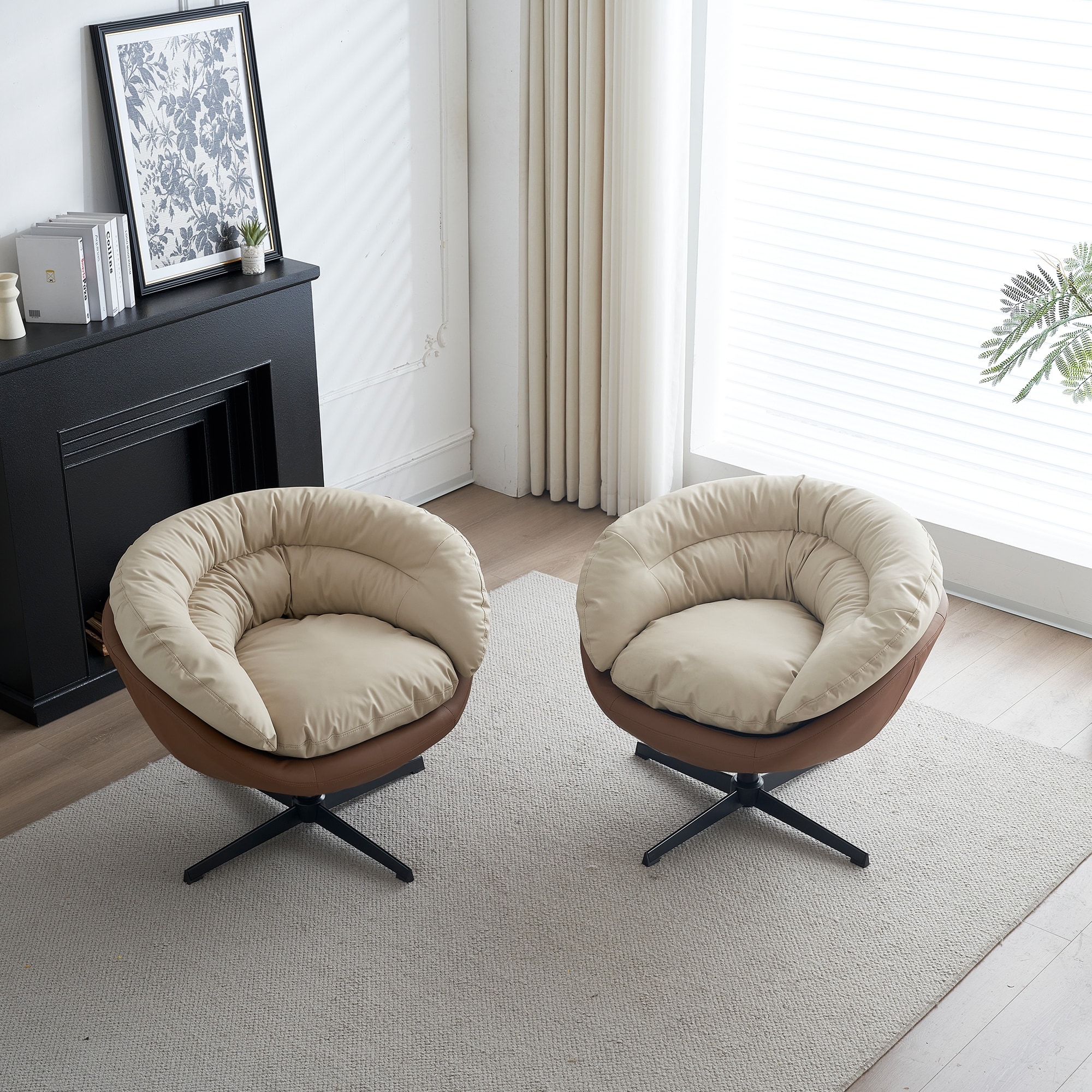 Two Tone Barrel Chair Swivel Egg Chair PU Leather Accent Chair Lounge Chairs Living Room Tufted Reading Chair Brown Beige Grey