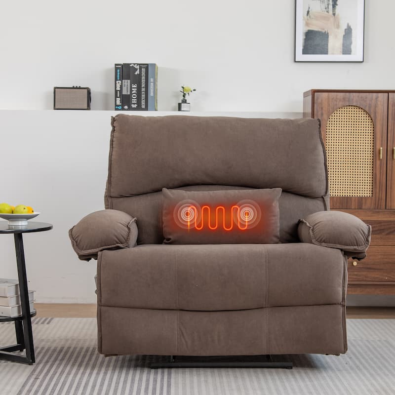 Brown Oversized Velvet Upholstered Manual Recliner with Massage Heating Lumbar Pillow, Pillow Top Arms, Side Pockets - Brown