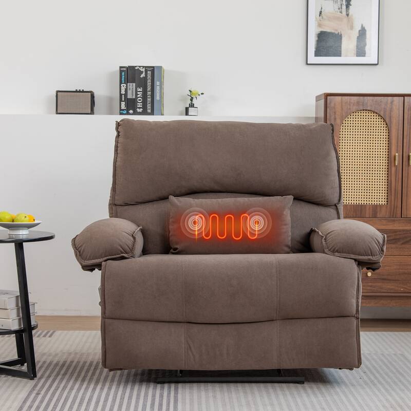 Grey Extra-Wide Push-Back Recliner with Heated Massage Pillow, Soft Fleece Fabric, and Plush Comfort - Brown