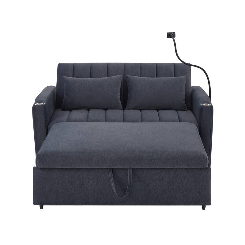 55.9" Convertible Sofa Bed Loveseat Sofa with Three USB Ports, Two Side Pockets, Two Cup Holders and 360°Swivel Phone Holder
