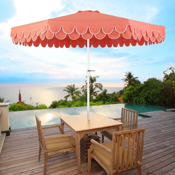Spencer 9 ft. Classic Scalloped Fringe Market Patio Umbrella with Auto-Tilt, Crank, Wind Vent and UV Protection, by JONATHAN Y