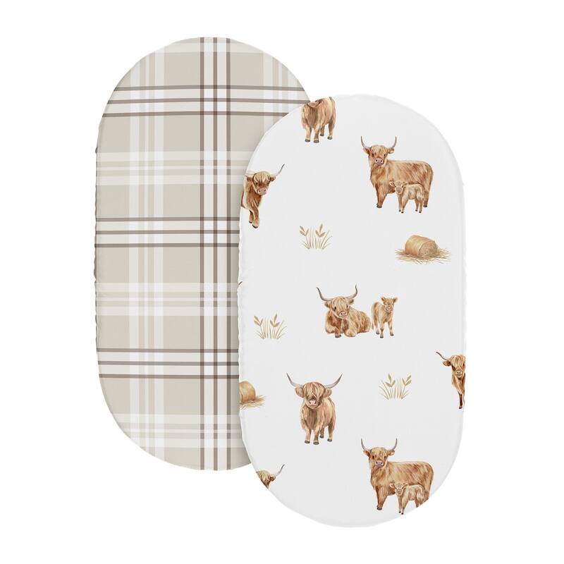 Sweet Jojo Designs Boho Highland Cow Boy, Girl, Gender Neutral 2 Pack Baby Bassinet Fitted Sheets - Taupe Plaid and Farm Animal