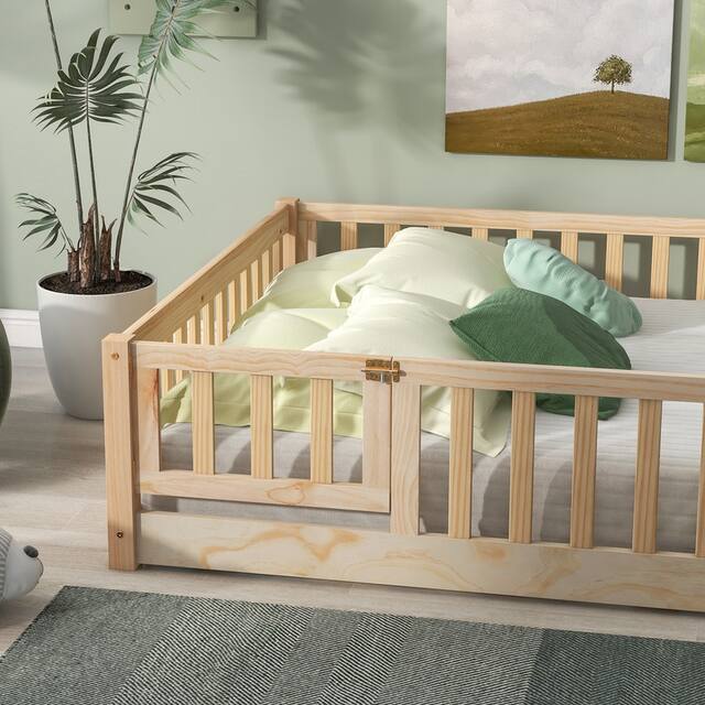 Twin/Full/Queen size Floor Platform Bed with Fence and Door for Kids, Toddlers