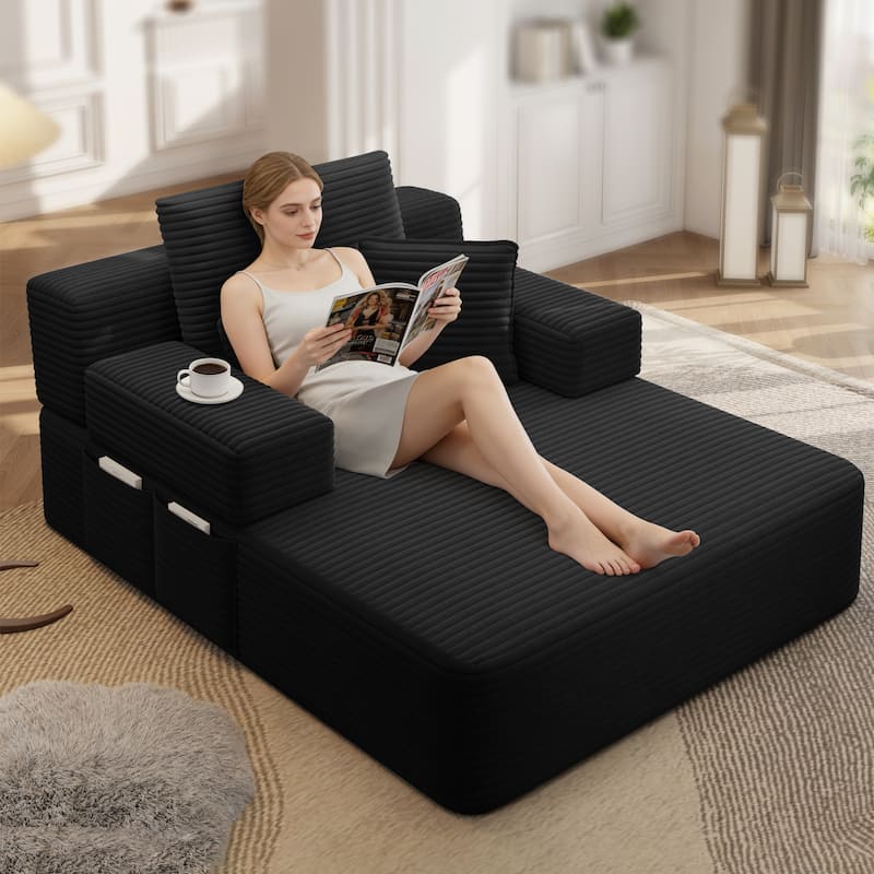 Luxurious Plush Corduroy Chaise Lounge Convertible Sofa Bed with Storage Pocket and Wide Armrests