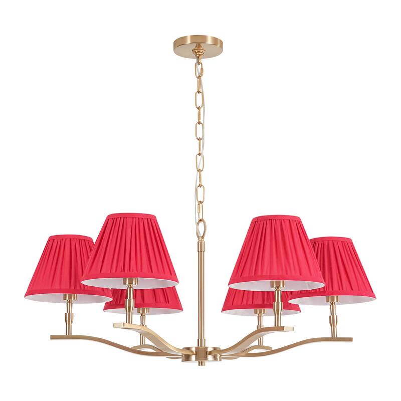 31.5" W Mid-Century Traditional Brass Finish Dimmbale Chandelier with Red Pleated Fabric Shades for Living & Dining Room