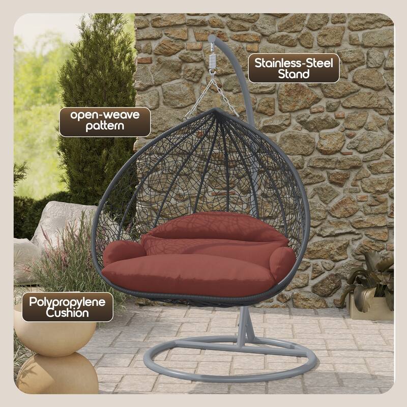 2-Person Egg Swing Chair in Grey Stainless Steel 2-Seater Porch Swing for Outdoor and Indoor - 77.95" Height
