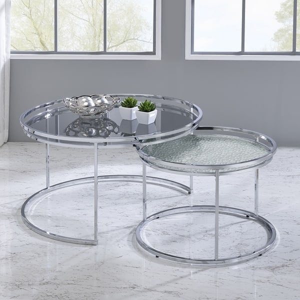 slide 2 of 9, Elema Glam Chrome Glass Top 2-Piece Nesting Tables Set by Furniture of America Grey
