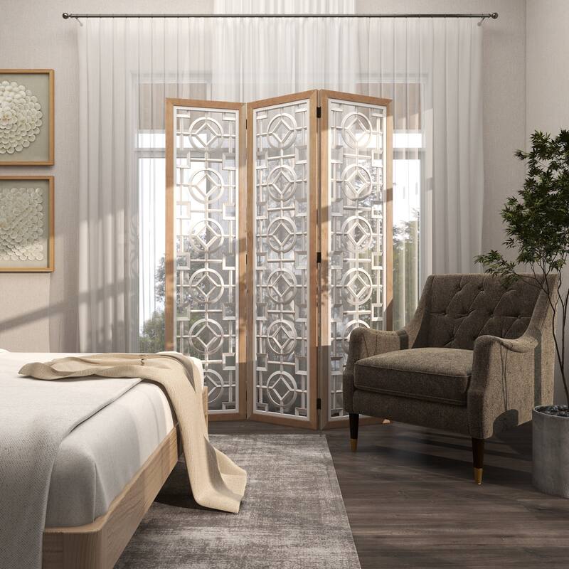 Wood Geometric Hinged Foldable Partition 3 Panel Room Divider Screen with Intricately Carved Designs - White - Roche River Decor