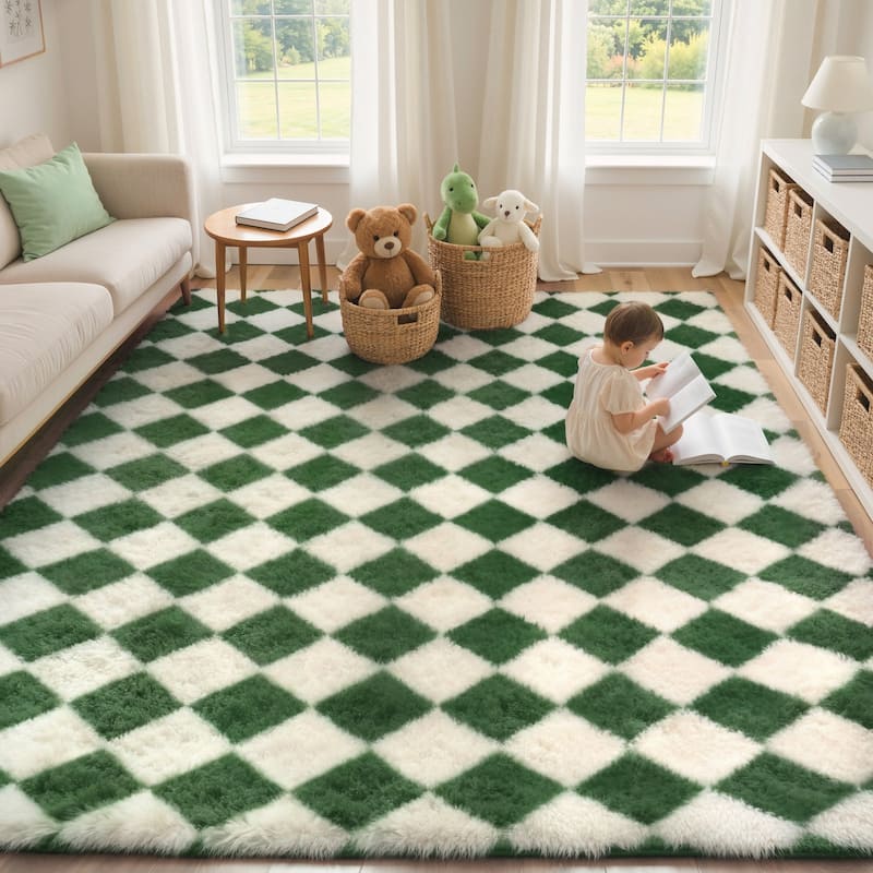 Mcow Diamond Check Collection High-Pile Machine-Washable Area Rug - Green - 5' x 7' - Rectangle