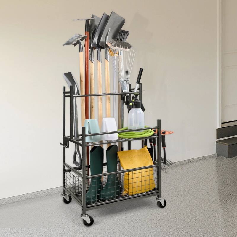 16 Slots Garden Tower Tool Organizer Rack with 5 Movable Hooks and Lockable Swivel Wheels - 25.66 x 15.86 x 38.5 in