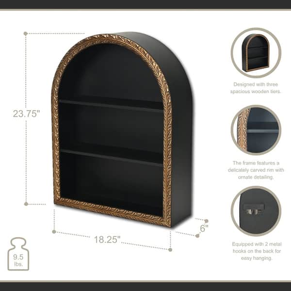 Mireza Ornate Framed Black & Gold 3 Tier Wooden Wall Shelf