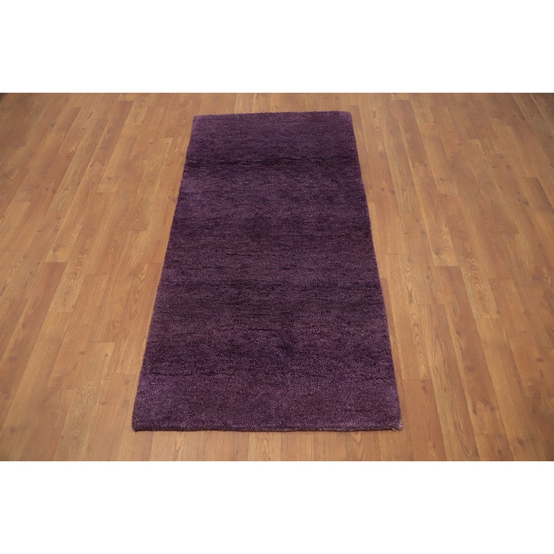 Hand Knotted Oriental 100% Wool Carpet Modern Solid Purples Gabbeh Runner Rug - 4' 7'' X 2' 4''
