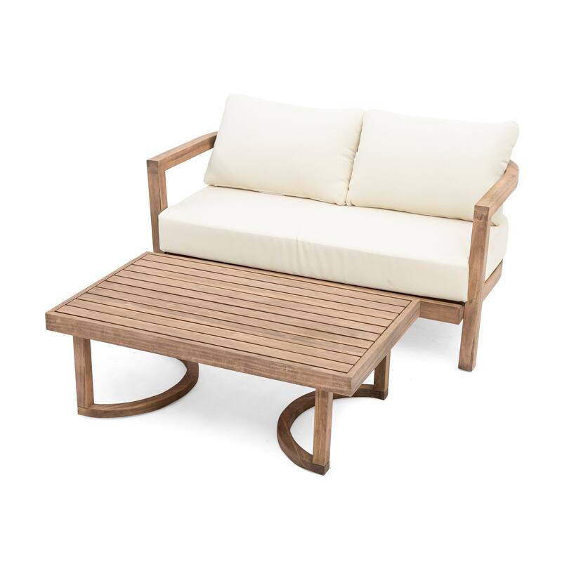 Wichita Outdoor Acacia Wood Transitional Loveseat and Coffee Table with Cushions by Christopher Knight Home