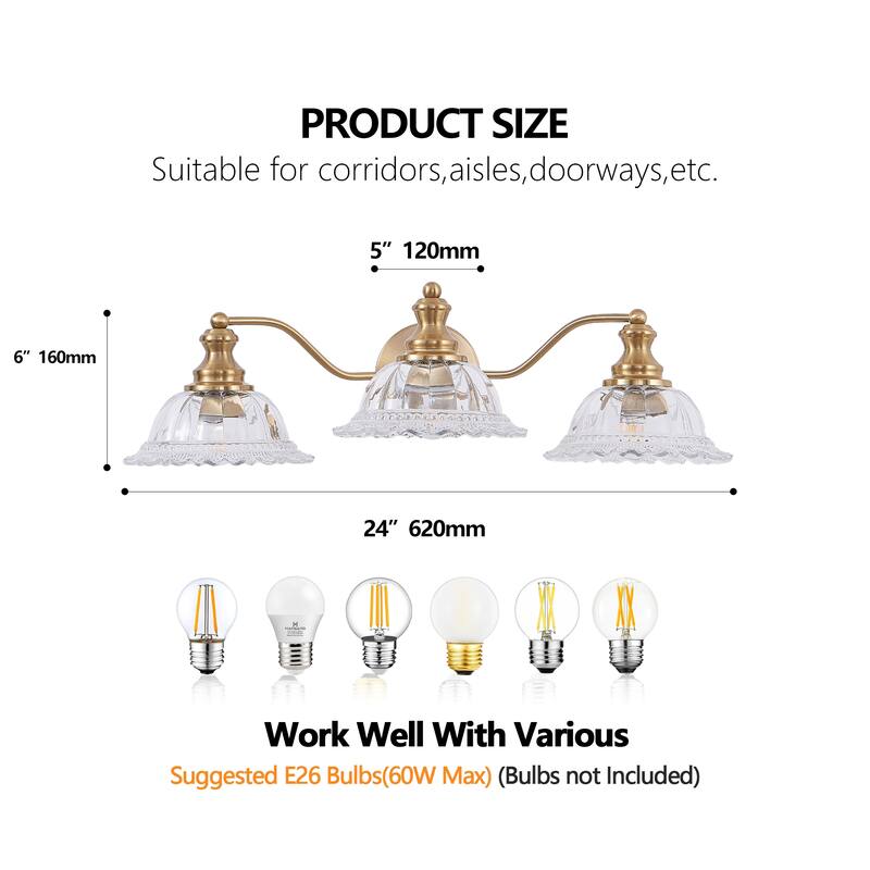 24 Inch 3-Light Vintage Bathroom Wall Sconce, Metal and Glass Lampshade Vanity Light Fixture