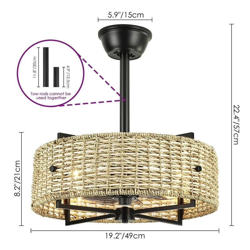 4-Light Traditional Boho Cylinder Drum Woven Rattan and Bamboo Ceiling Fan - 19.3 in. W x 8.3 in. H