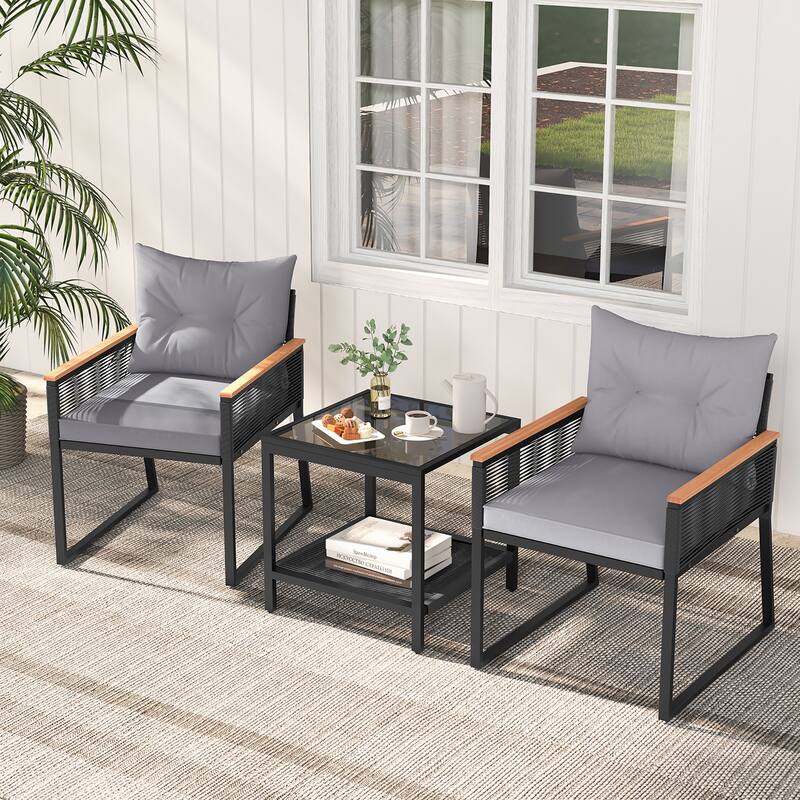 Gymax 3 PCS Patio Furniture Set PE Rattan Wicker Chairs w/ 2 Tier