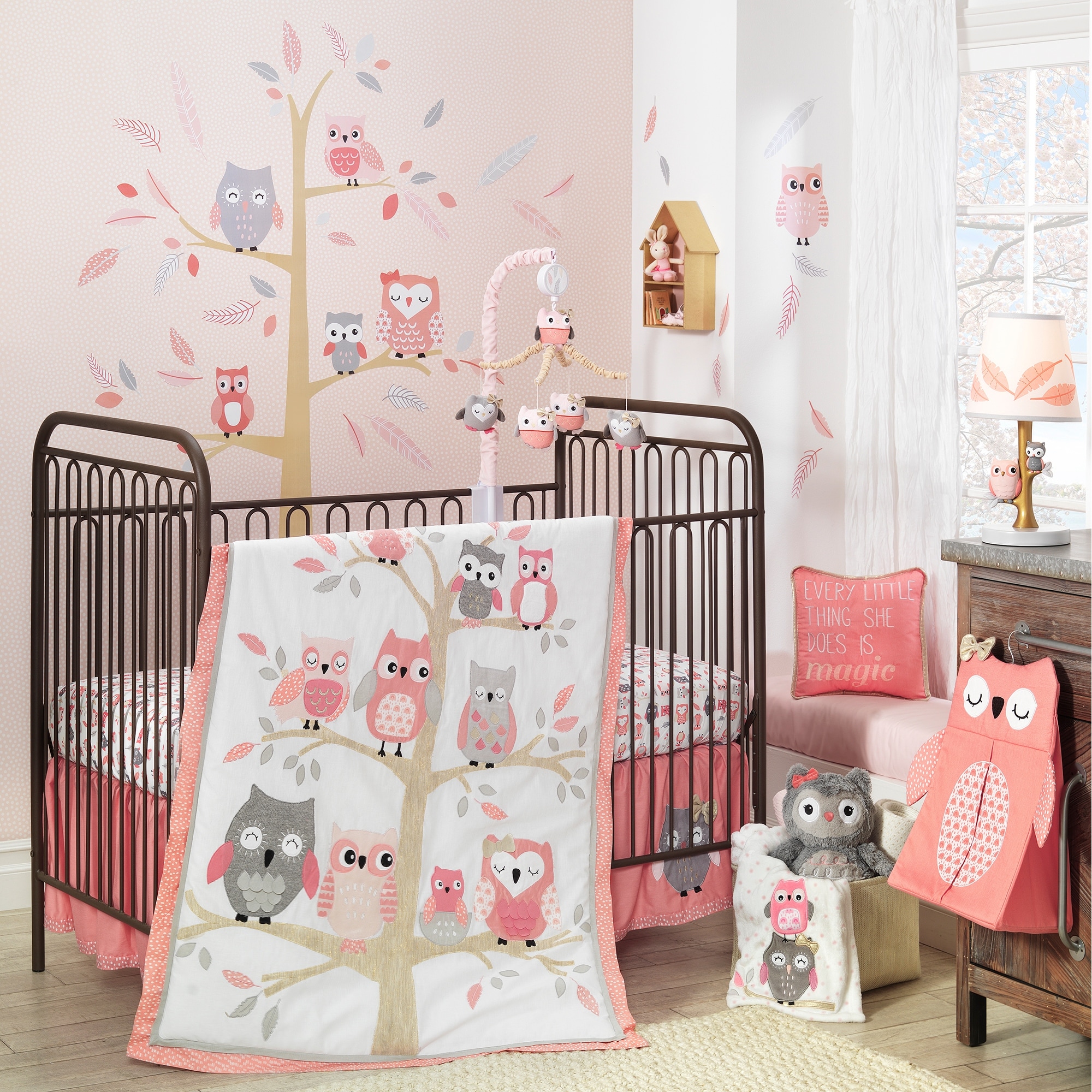 Lambs Ivy Family Tree White/Pink Polka Dot Owl Luxury Coral