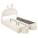 preview thumbnail 27 of 42, Velvet Upholstered Rabbit-Shape Princess Bed, Cute Platform Bed w2 Storage Stools & Headboard & Footboard for Kids