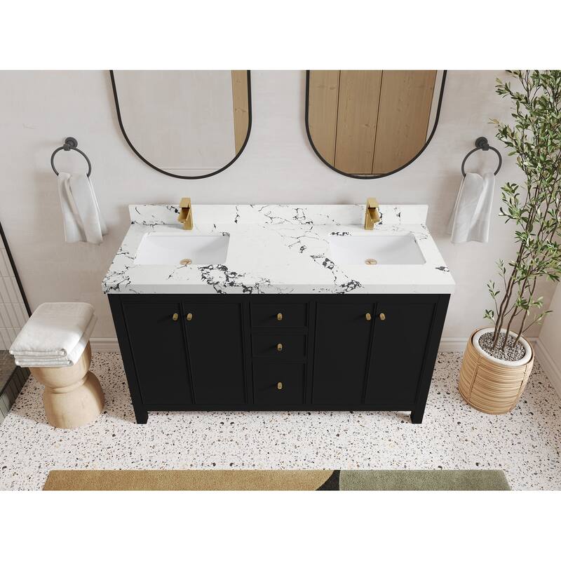Willow Collections 60 in. W x 22 in. D Chicago Double Sink Bathroom Vanity with Countertop - 2"Viola Night - Black