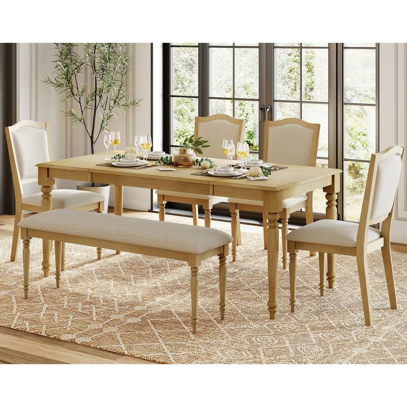 6-Piece Dining Table Set with Bench, Farmhouse Dining Set for 6, Oak - 6-Piece - Oak