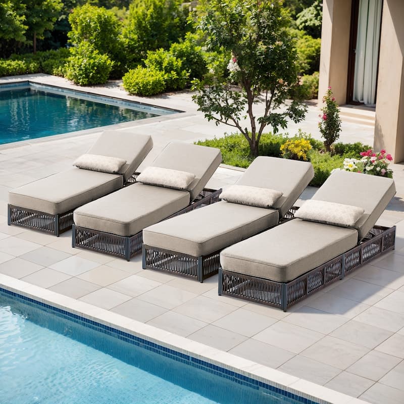 ArcoBay Brown Wicker Outdoor Patio Chaise Lounge with 5-Inch Thick Cushions (4-Pack)