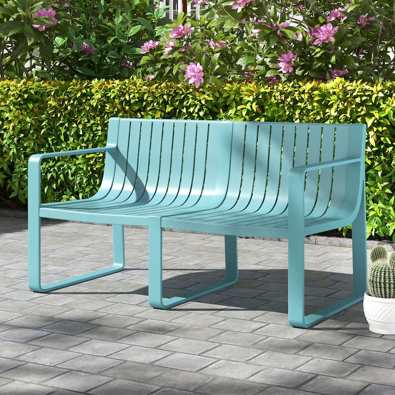 Modern Outdoor Garden Bench for 2 Comfortable Back Support Armrests and Waterproof - 48” x 24.5” x 27.5” - Blue