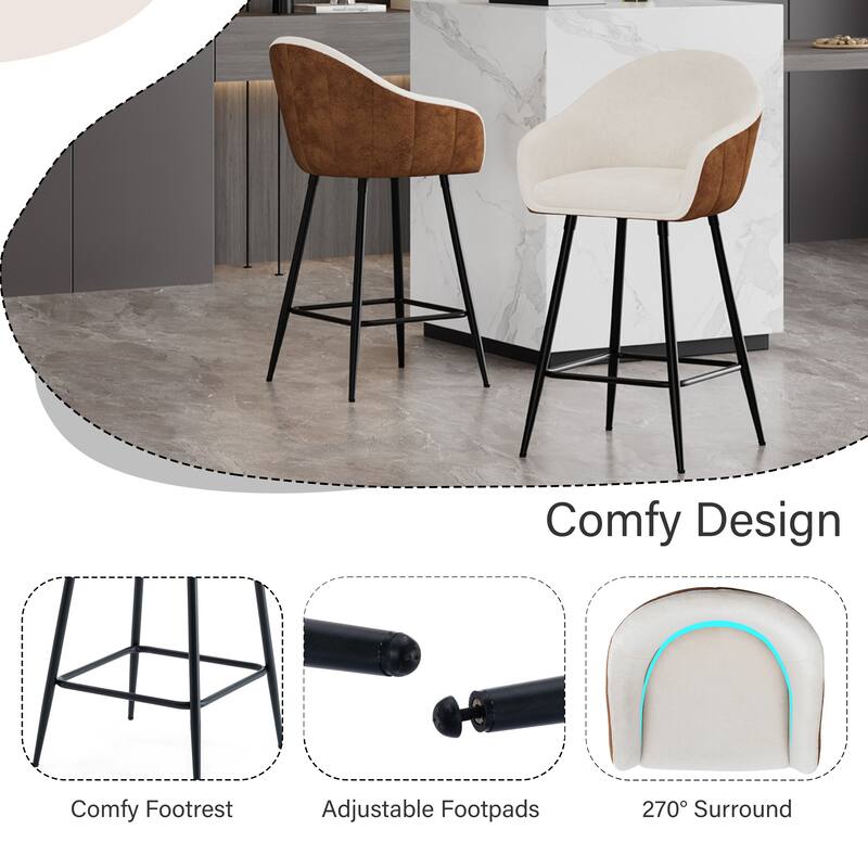 Roomfitters 26.5'' Modern Upholstered Counter Stools, Set of 2 Bar Height Chairs with Metal Legs and Cushioned Seat, Beige+Brown