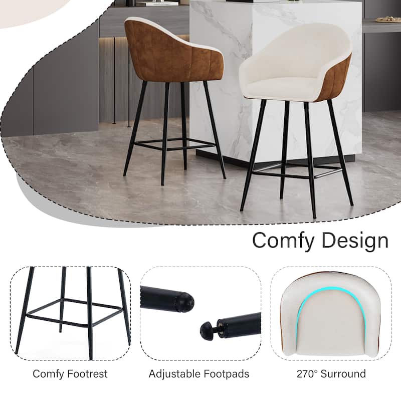 Set of 2 Modern Two-Tone Color Counter Height Bar Stools, 26.5'' Kitchen Islands Upholstered Bar chair with Metal Legs