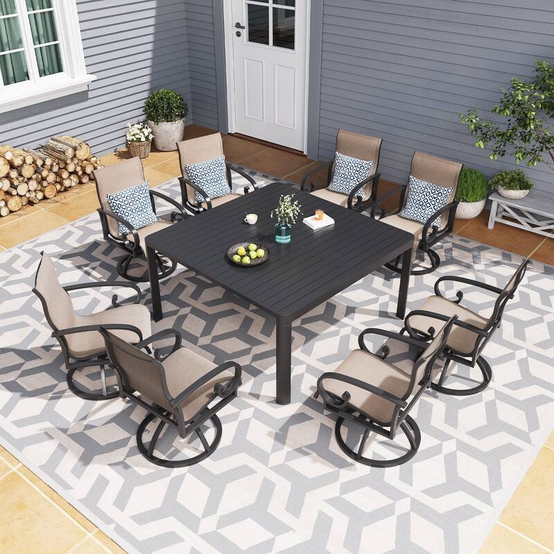 Patio Swivel Dining Chairs with Sunbrella Textilene Mesh Fabric, Outdoor Furniture Gentle Rocker Chair with Back and Arm - Augustine Ashe, Set of 8