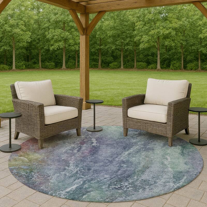 Machine Washable Indoor/ Outdoor Abstract Watercolor Chantille Rug - Blue - 8' x 8'