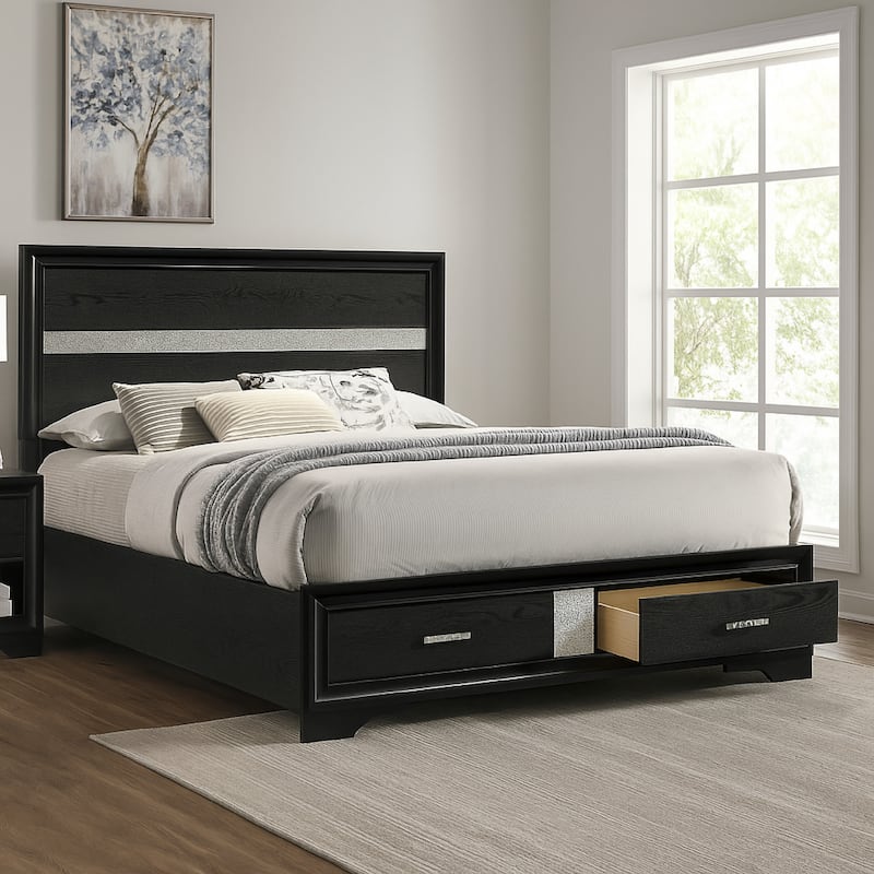 Transitional 2 Drawer Wooden Queen Size Bed with Glitter Stripe, Black
