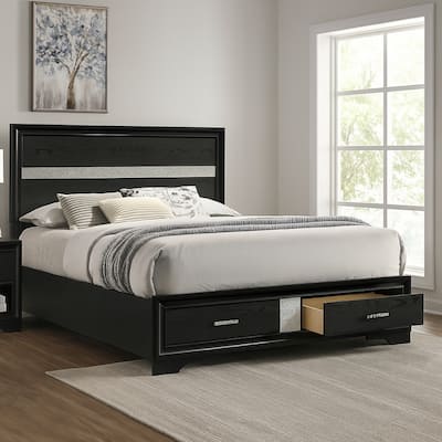 Transitional 2 Drawer Wooden Queen Size Bed with Glitter Stripe, Black