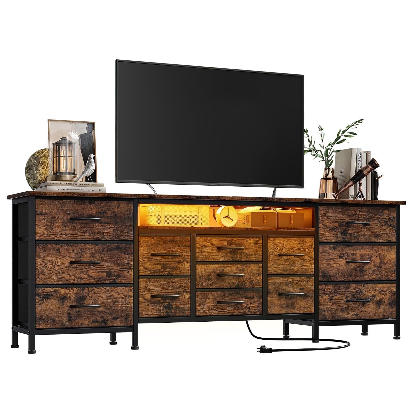 71in Wide TV Stand for 65-80 Inch TVs, Entertainment Center with 13 Fabric Drawers & Charging Station & LED Lights