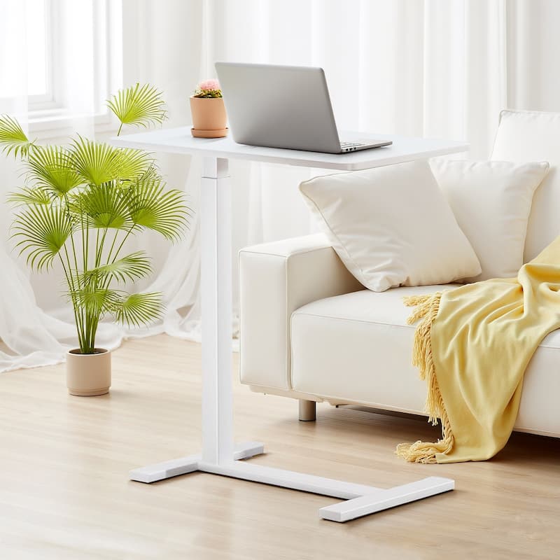 Overbed Bedside Table With Wheels, Adjustable Hospital & Home Use Bed Table, Rolling Laptop Table, Mobile Standing Desk - White