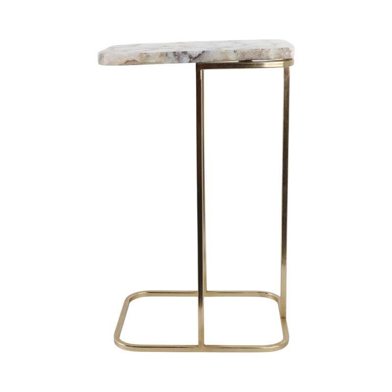 Modern Small Accent Table -Stone Top and Iron Base - 24", Gold & White - 24.0"