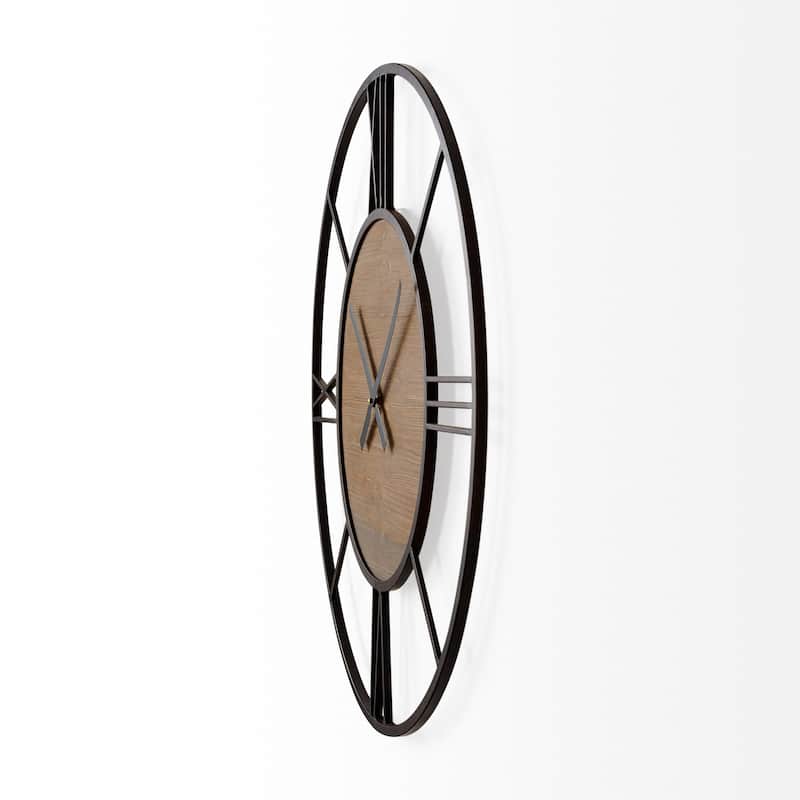 Brielle Black Iron And Brown Wood 30" Round Wall Clock - 29.9"W x 2"D x 29.9"H