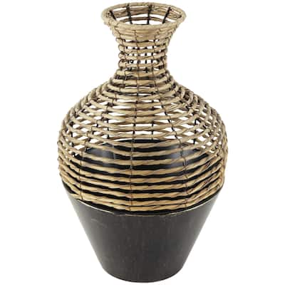 Plastic Rattan Handmade Twisted Decorative Vase with Open Frame Design and Bronze Metal Base - Bronze - Roche River Decor