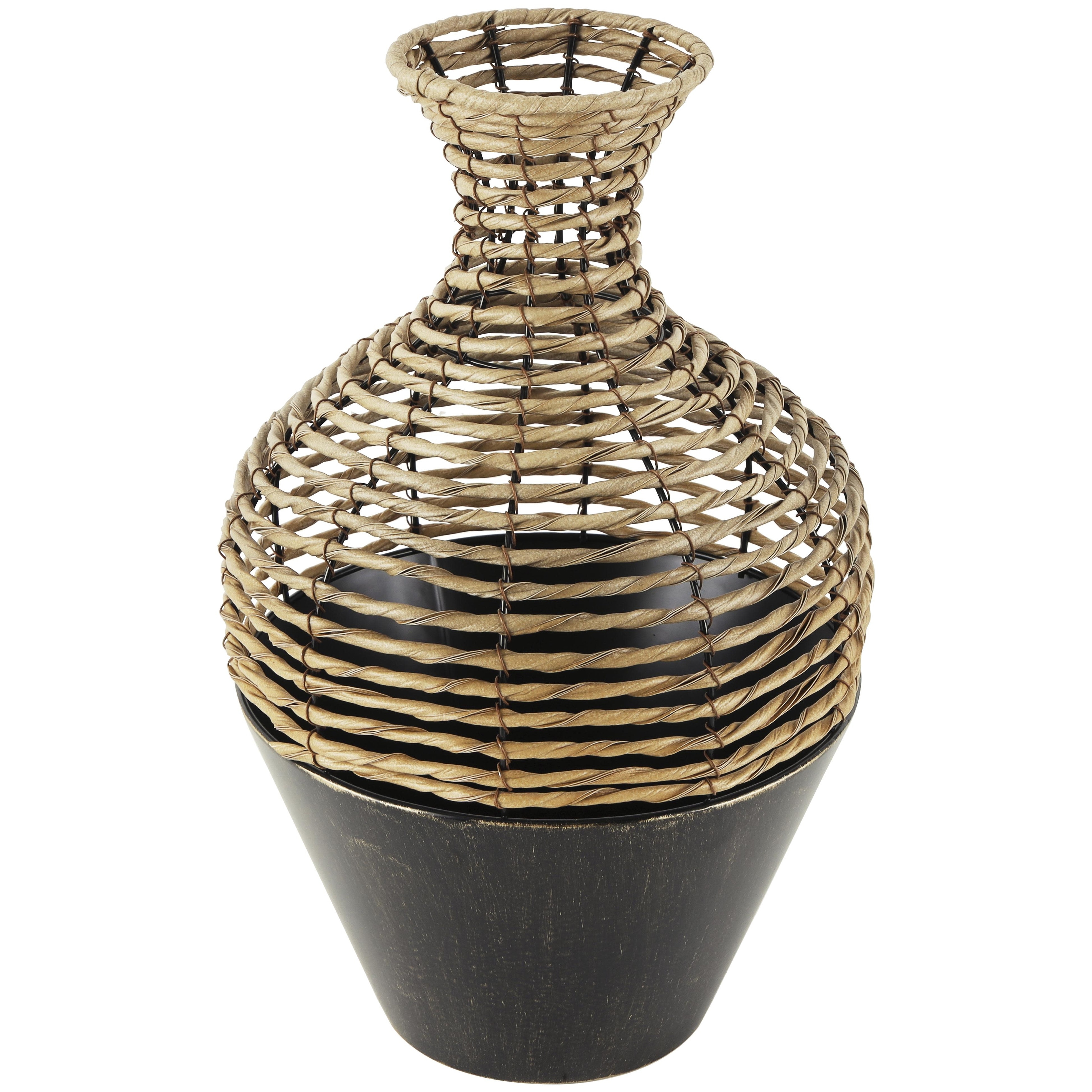 Plastic Rattan Handmade Twisted Decorative Vase with Open Frame Design and Bronze Metal Base - Bronze - Roche River Decor