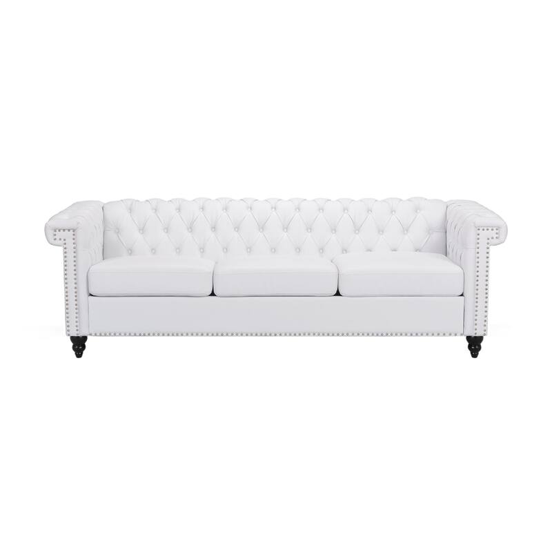 Chis Sofa, Deep Chesterfield Tufted White Faux Leather, 83 Inch