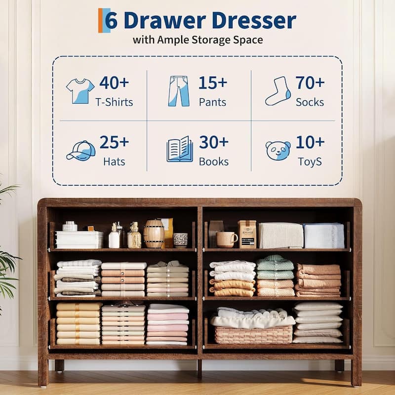 Modern 6 Drawer Dresser with Large Drawers for Bedroom, Living Room