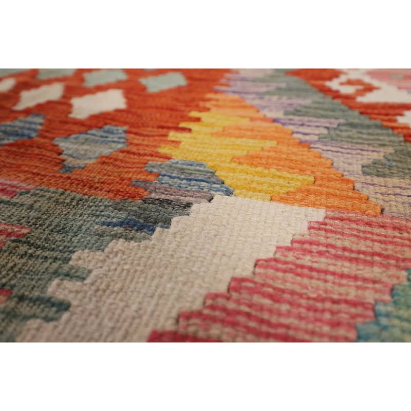Geometric Kilim Oriental Area Rug Flatweave Orange Wool Carpet - 8'0" x 11'5"