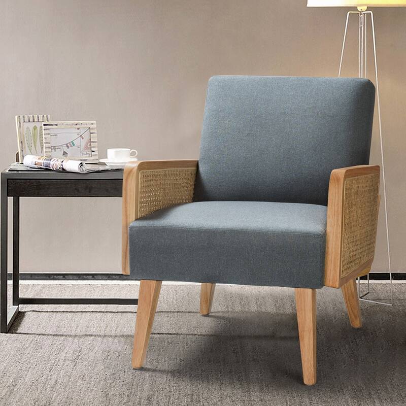 Carmina Upholstered Accent Chair with Natural Rattan Arms by HULALA HOME - Blue