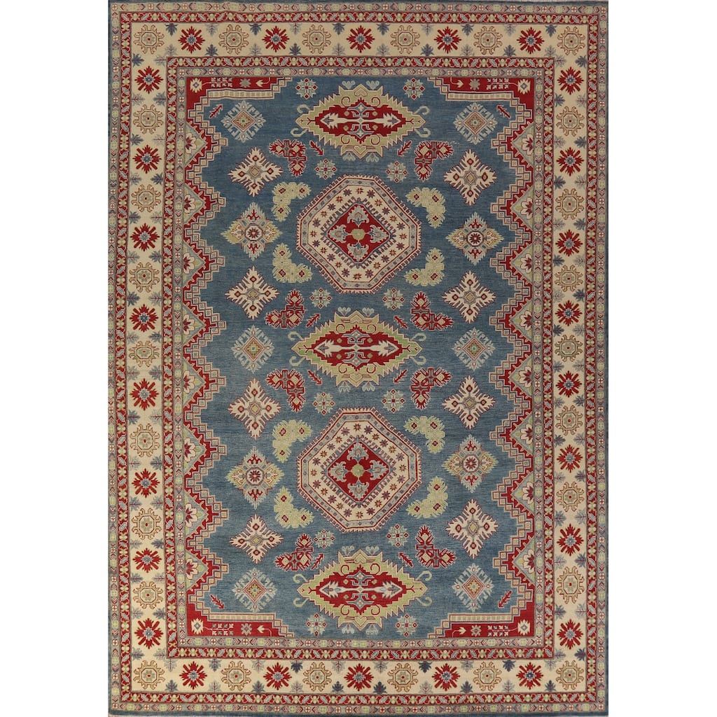 Hand Knotted Oriental 100% Wool Carpet Traditional Geometric Navy Blue & Blues Kazak Area Rug - 13' 7'' X 9' 10''