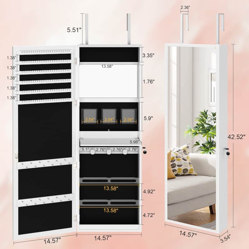 Javlergo 4 Piece White Bedroom Set Upholstered Bed with Adjustable Headboard 2 X Frame Nightstands Lockable LED Jewelry Cabinet