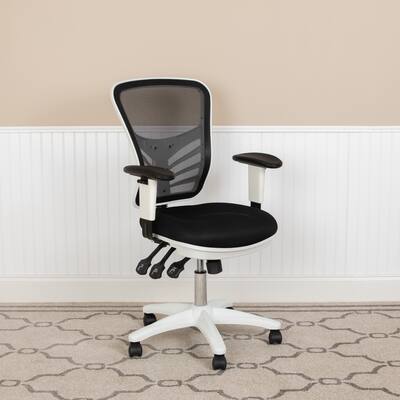 Mid-Back Black Mesh Multifunction Executive Swivel Ergonomic Office Chair with Adjustable Arms and White Frame